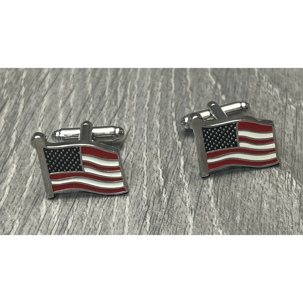 American Flag Cufflinks Men's Patriotic USA Red White Blue Silver Tone Accessory